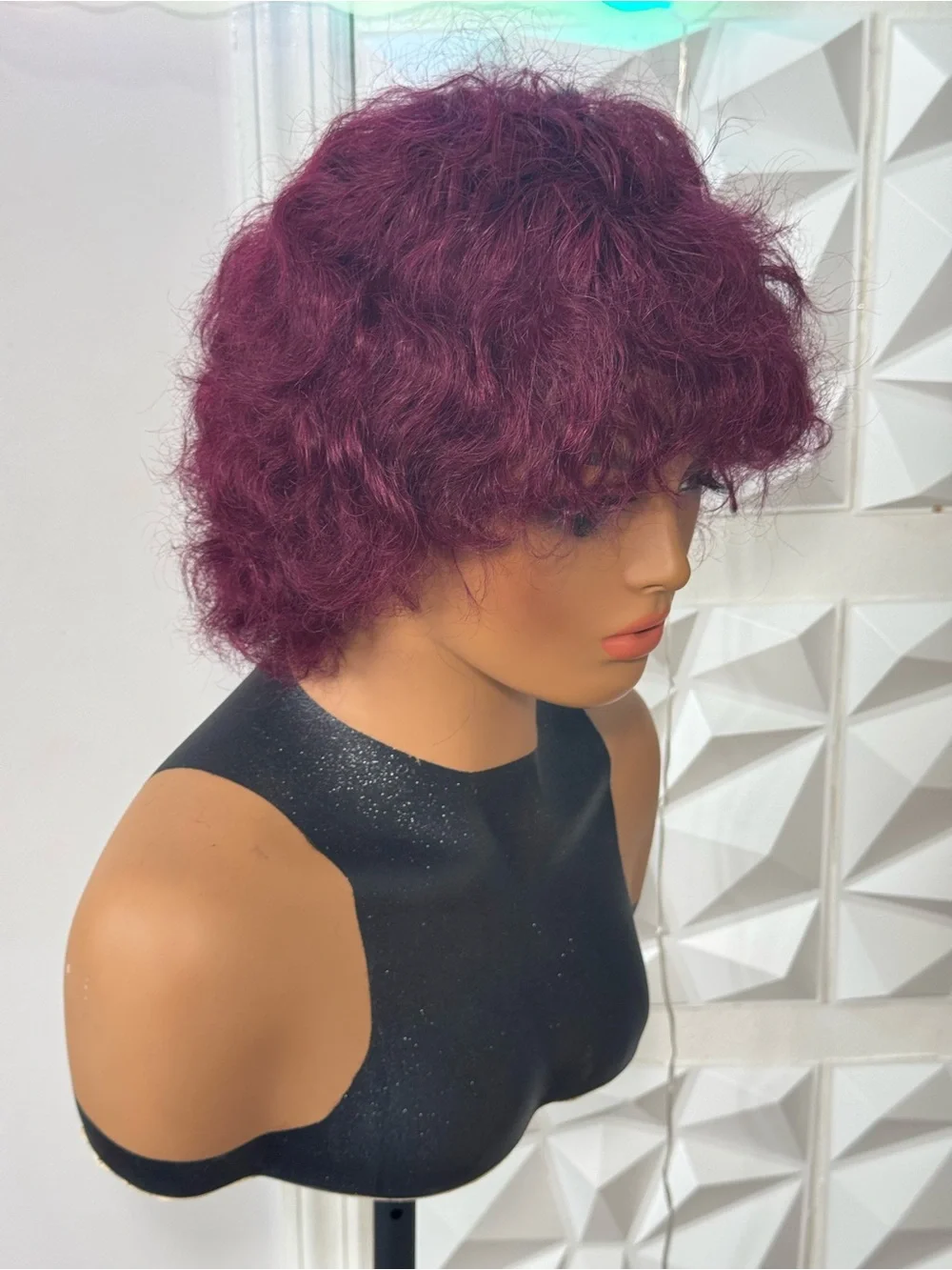 Burgundy Short Wig 100% Human Hair Glueless Water Wave 8 Inch
